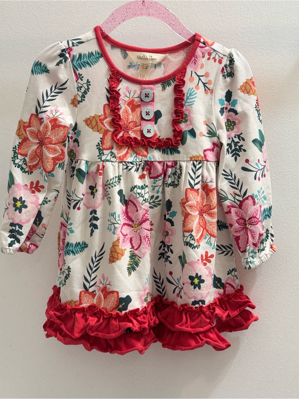 +NWOT Matilda Jane Baby Girl White Christmas Poinsettia Ruffle Dress 12-18M